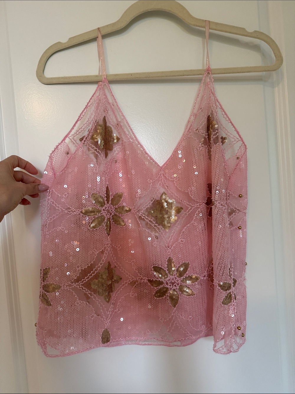 Pink Sequin beaded Floral Mesh Cami Top